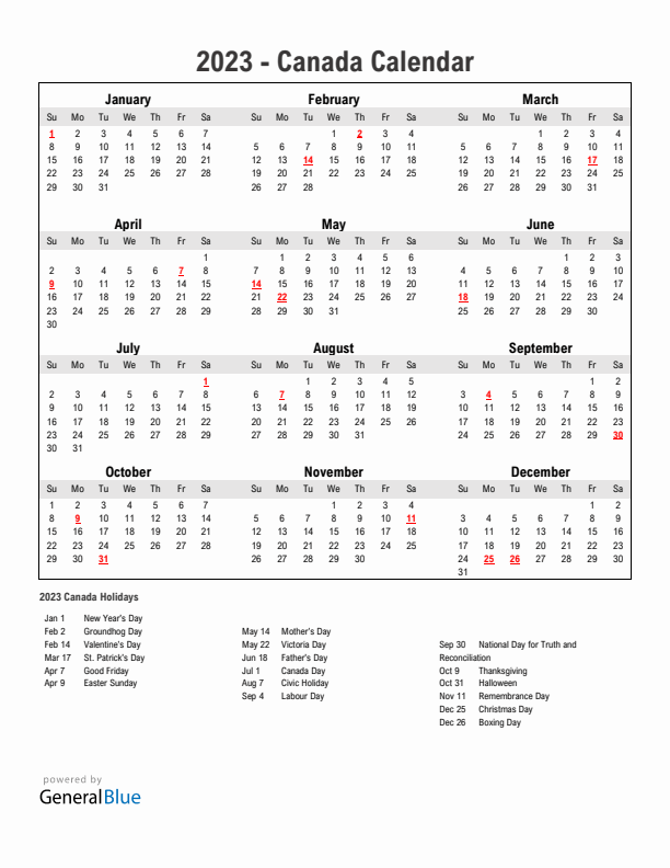 Year 2023 Simple Calendar With Holidays in Canada