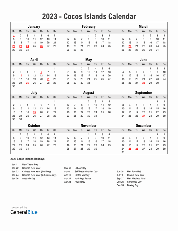 Year 2023 Simple Calendar With Holidays in Cocos Islands