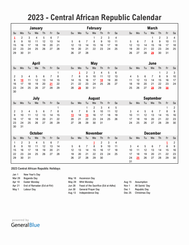 Year 2023 Simple Calendar With Holidays in Central African Republic