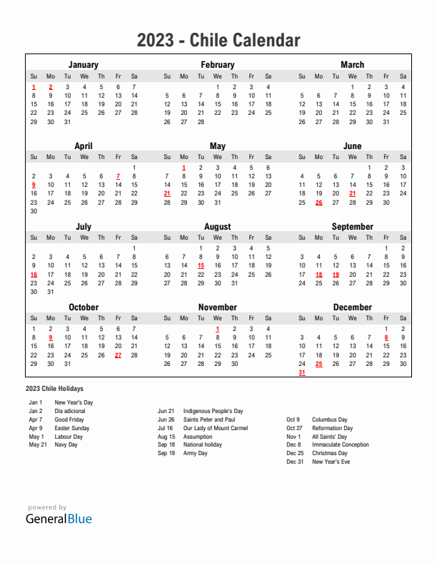 Year 2023 Simple Calendar With Holidays in Chile