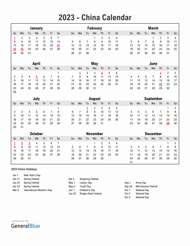 Year 2023 Simple Calendar With Holidays in China