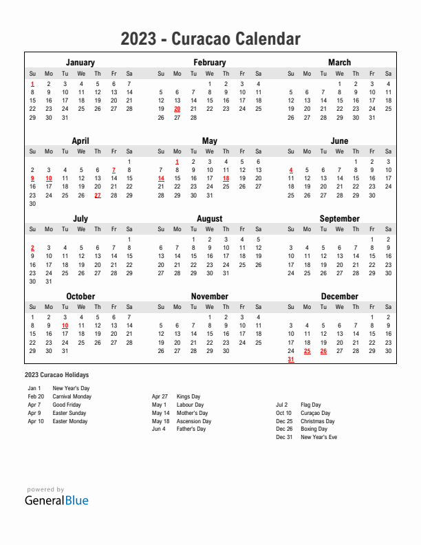 Year 2023 Simple Calendar With Holidays in Curacao