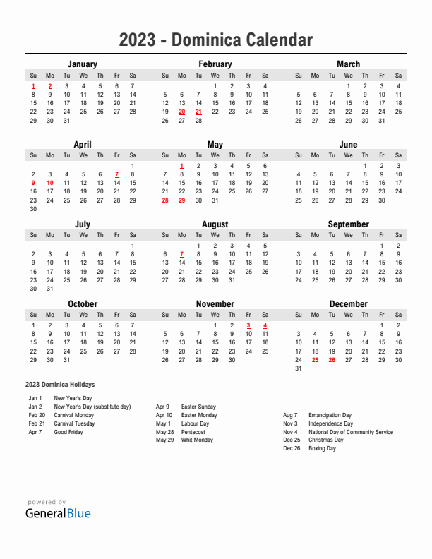 Year 2023 Simple Calendar With Holidays in Dominica