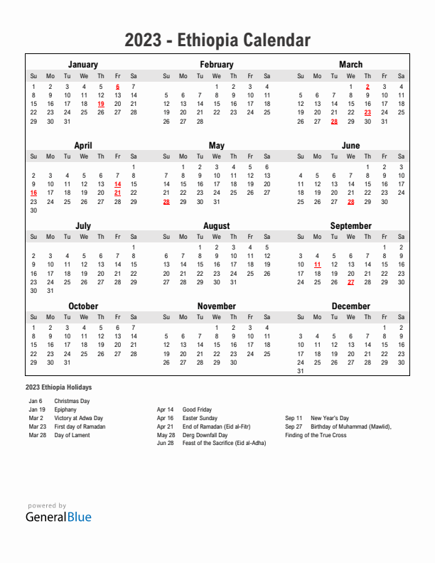 Year 2023 Simple Calendar With Holidays in Ethiopia