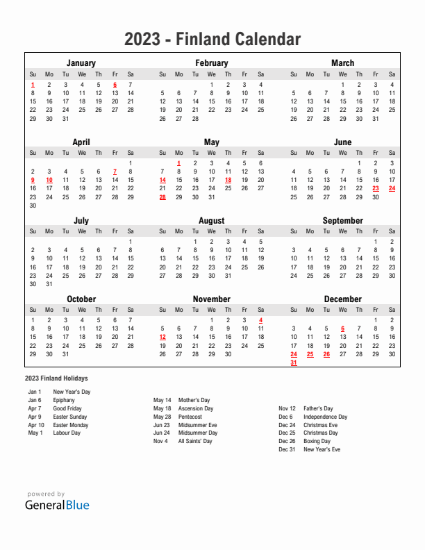 Year 2023 Simple Calendar With Holidays in Finland