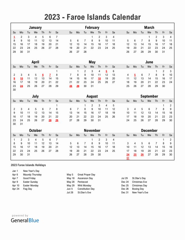 Year 2023 Simple Calendar With Holidays in Faroe Islands