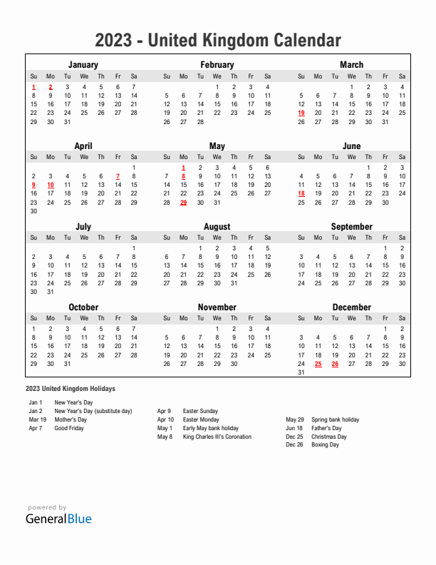 Year 2023 Simple Calendar With Holidays in United Kingdom