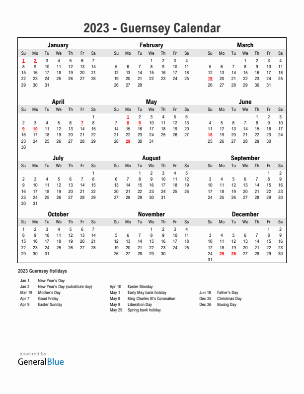 Year 2023 Simple Calendar With Holidays in Guernsey