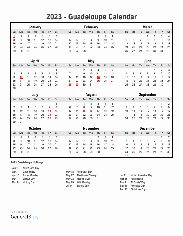 Year 2023 Simple Calendar With Holidays in Guadeloupe