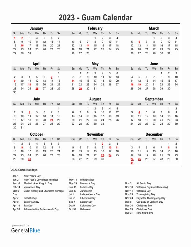 Year 2023 Simple Calendar With Holidays in Guam