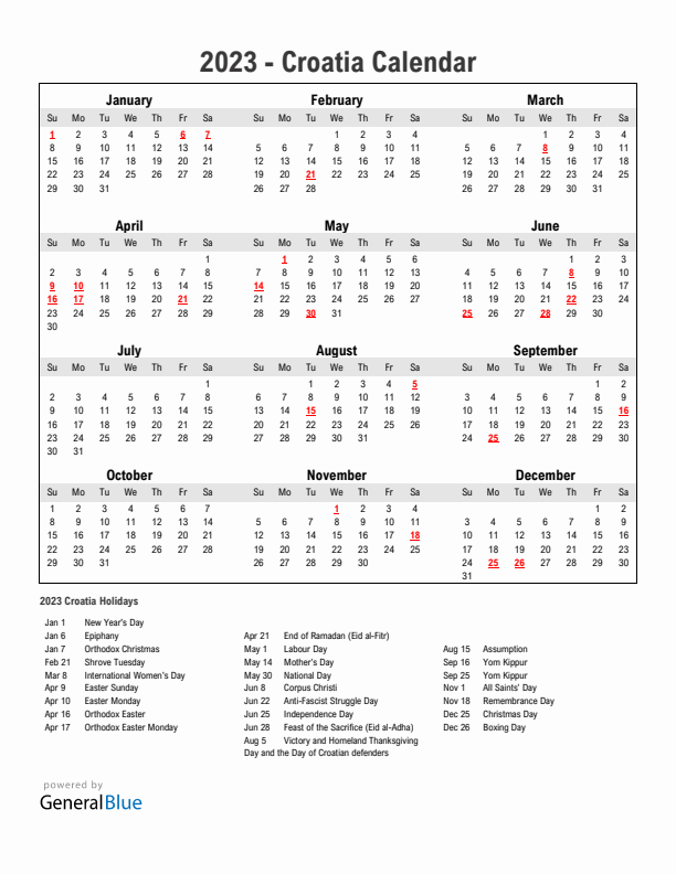 Year 2023 Simple Calendar With Holidays in Croatia