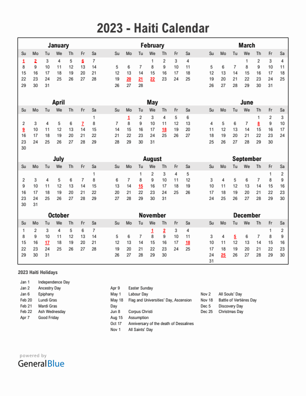 Year 2023 Simple Calendar With Holidays in Haiti