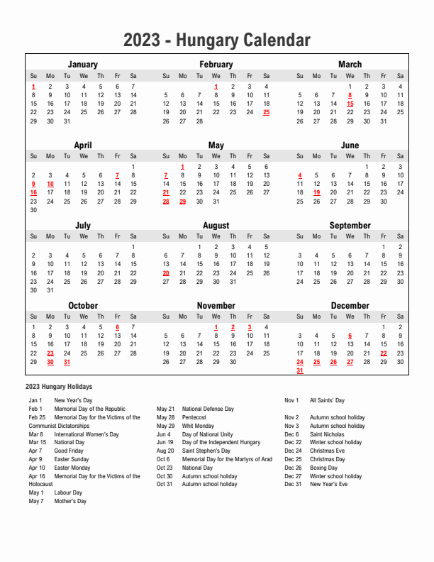 Year 2023 Simple Calendar With Holidays in Hungary