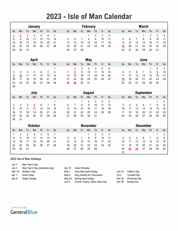 Year 2023 Simple Calendar With Holidays in Isle of Man