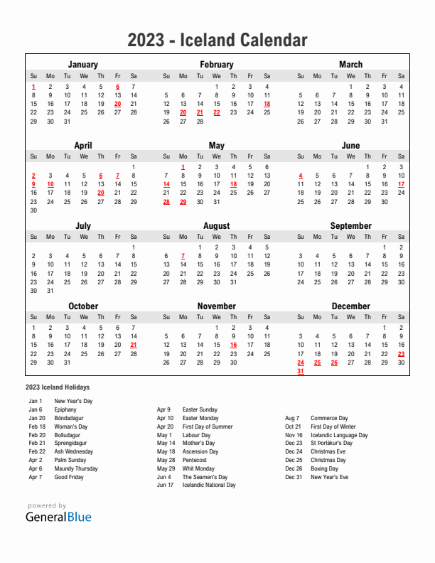 Year 2023 Simple Calendar With Holidays in Iceland