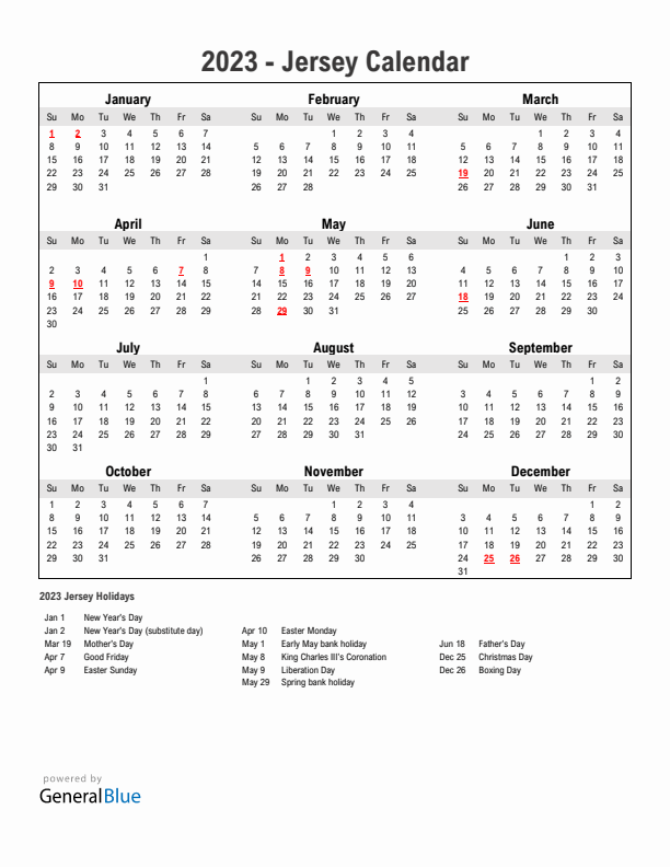 Year 2023 Simple Calendar With Holidays in Jersey