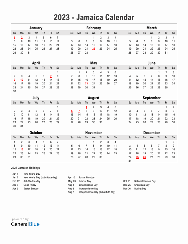 Year 2023 Simple Calendar With Holidays in Jamaica