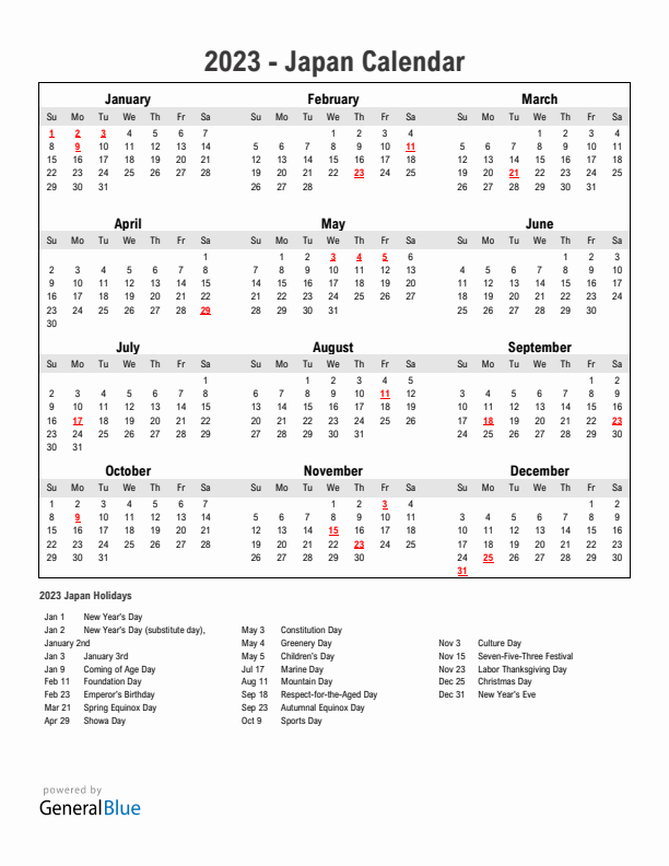 Year 2023 Simple Calendar With Holidays in Japan