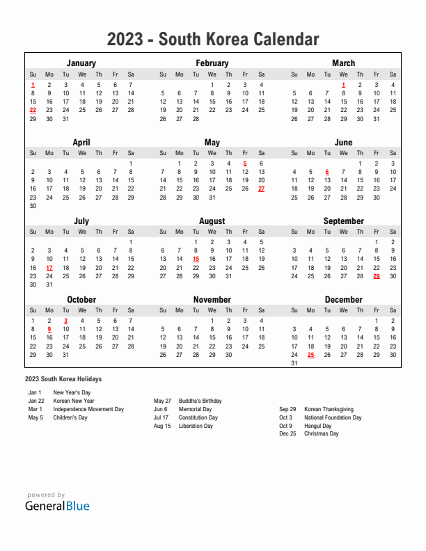 Year 2023 Simple Calendar With Holidays in South Korea