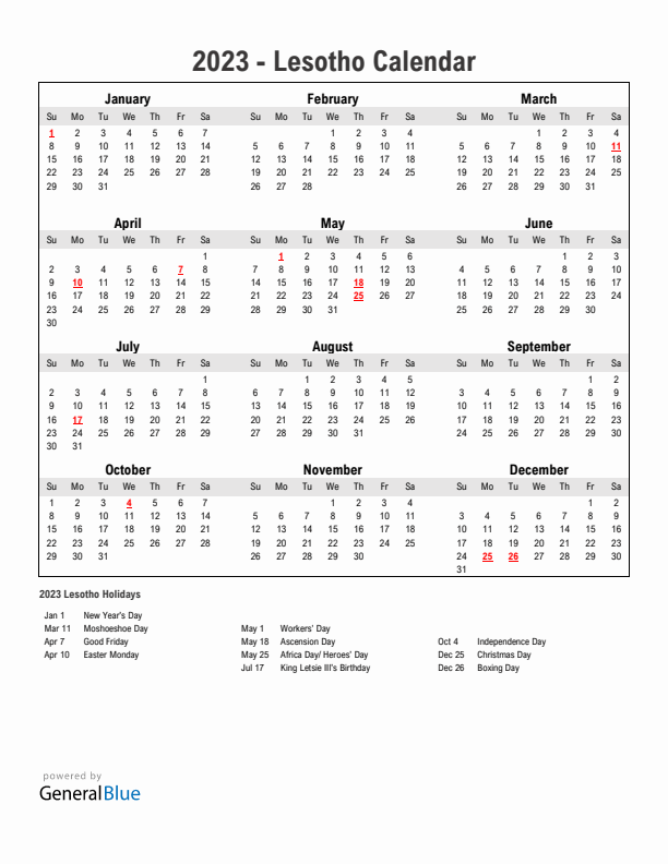 Year 2023 Simple Calendar With Holidays in Lesotho