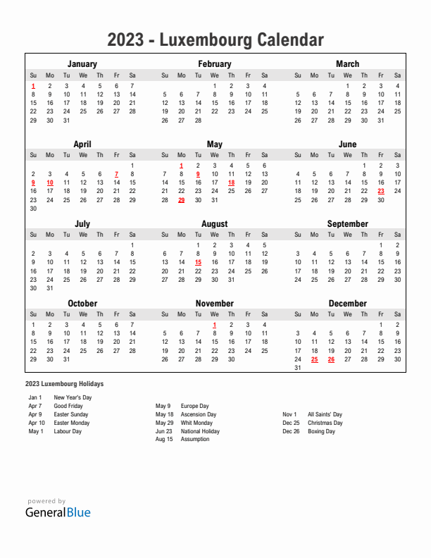 Year 2023 Simple Calendar With Holidays in Luxembourg