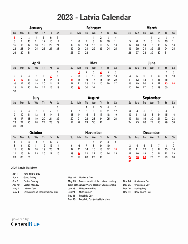 Year 2023 Simple Calendar With Holidays in Latvia