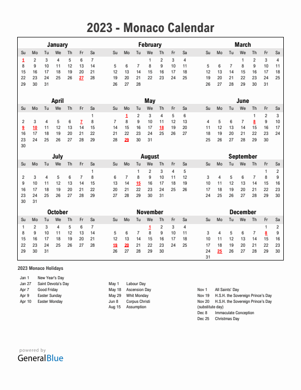 Year 2023 Simple Calendar With Holidays in Monaco