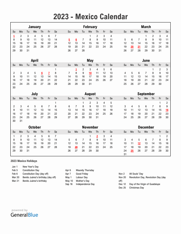 Year 2023 Simple Calendar With Holidays in Mexico