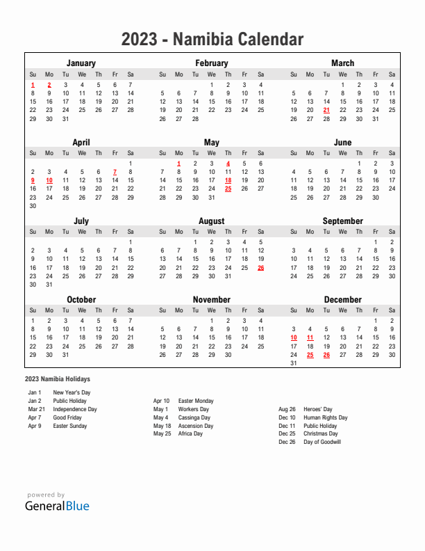 Year 2023 Simple Calendar With Holidays in Namibia