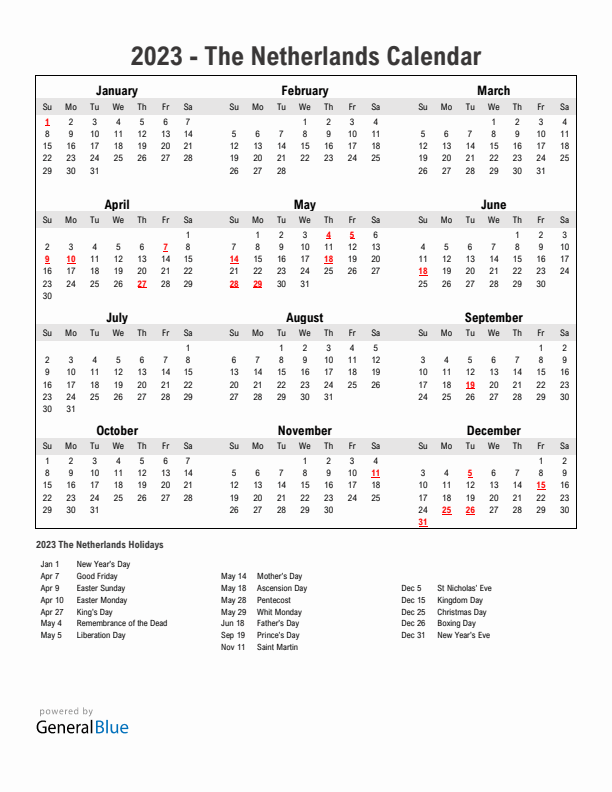 Year 2023 Simple Calendar With Holidays in The Netherlands