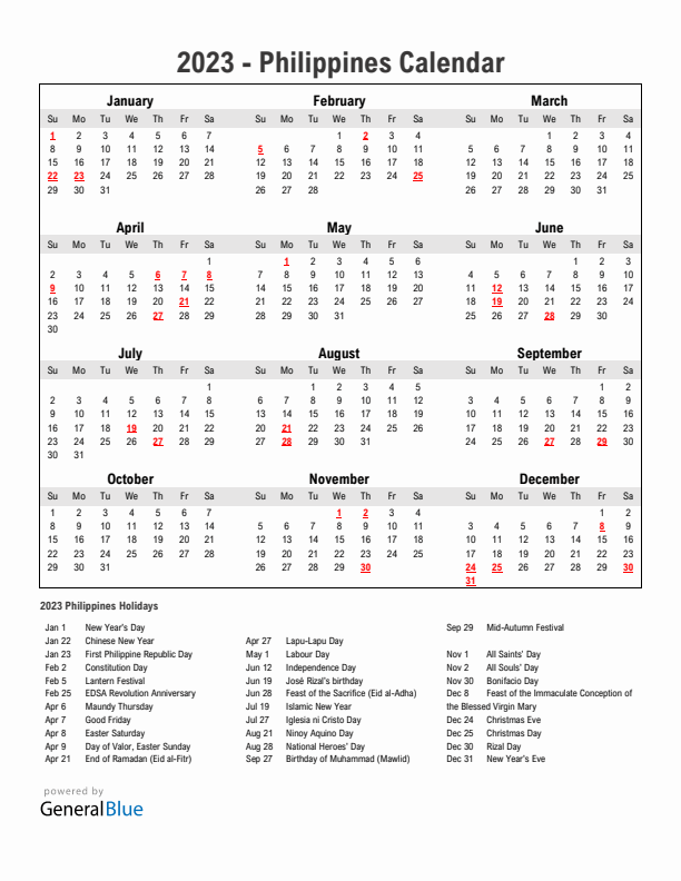 Year 2023 Simple Calendar With Holidays in Philippines