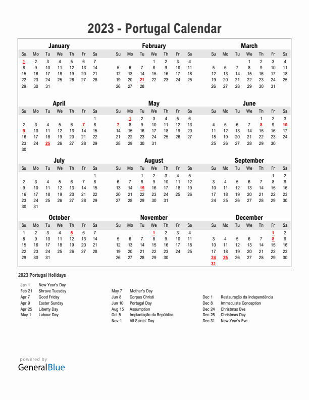 Year 2023 Simple Calendar With Holidays in Portugal