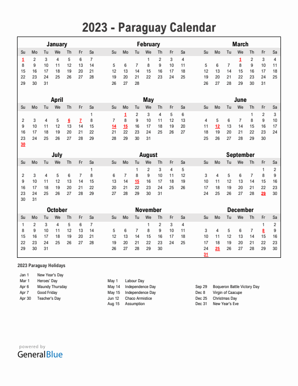 Year 2023 Simple Calendar With Holidays in Paraguay