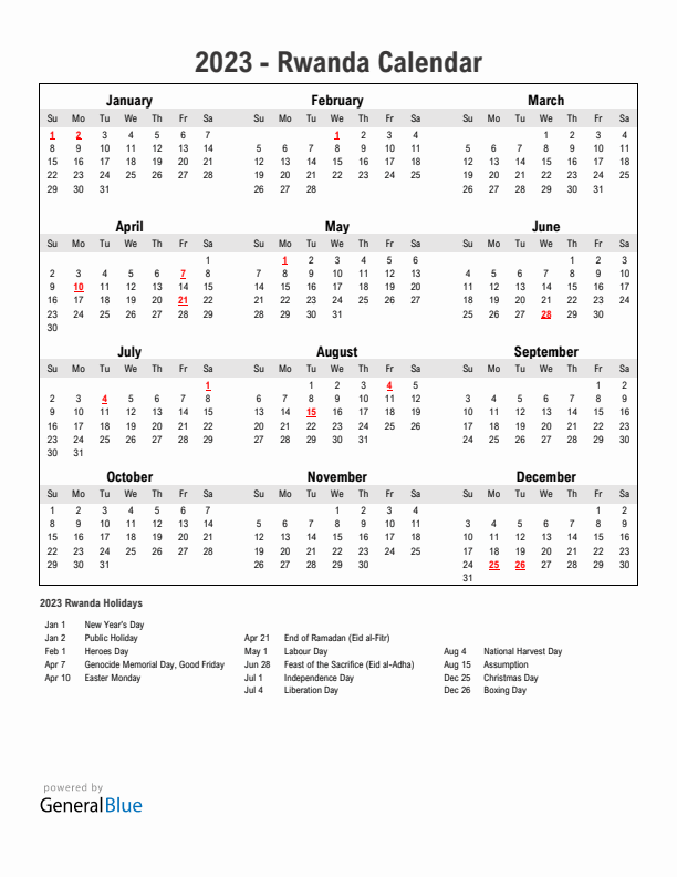 Year 2023 Simple Calendar With Holidays in Rwanda