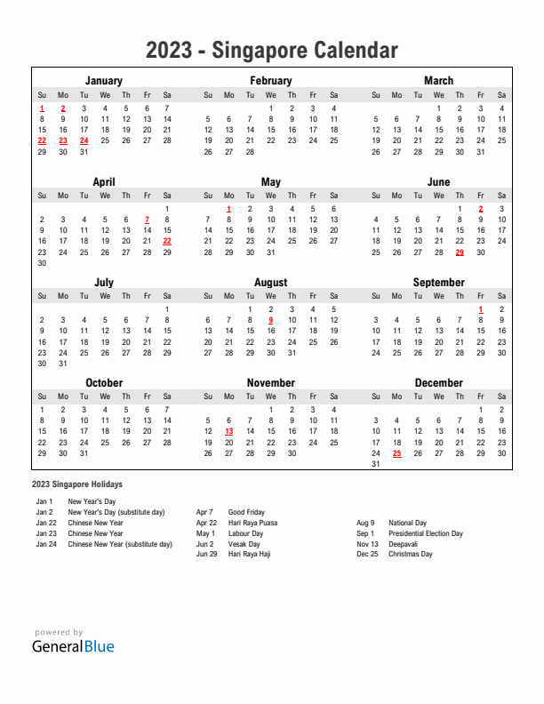 Year 2023 Simple Calendar With Holidays in Singapore