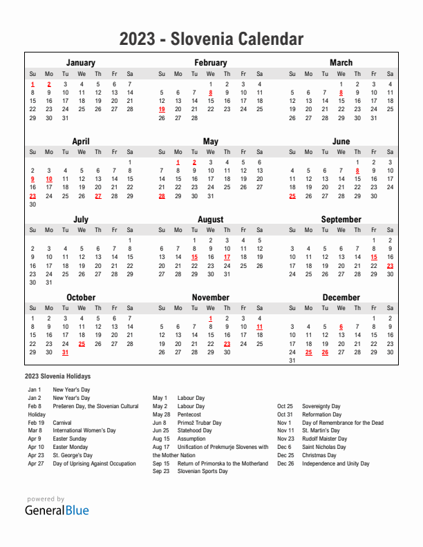 Year 2023 Simple Calendar With Holidays in Slovenia