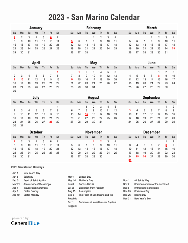 Year 2023 Simple Calendar With Holidays in San Marino