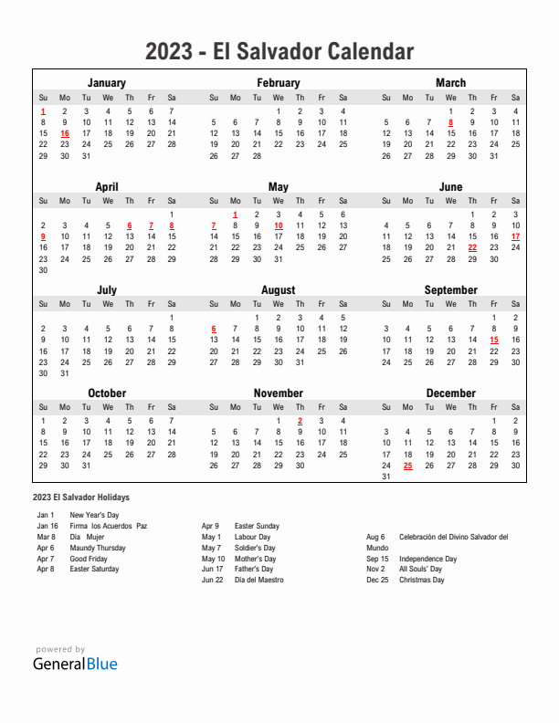 Year 2023 Simple Calendar With Holidays in El Salvador