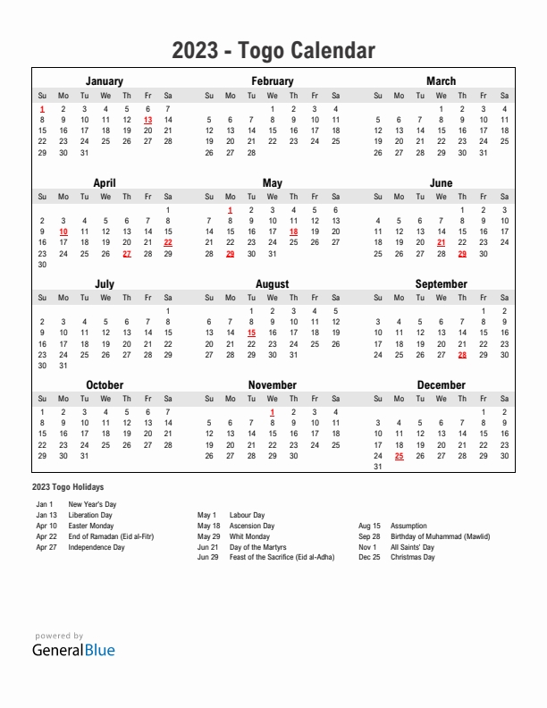 Year 2023 Simple Calendar With Holidays in Togo