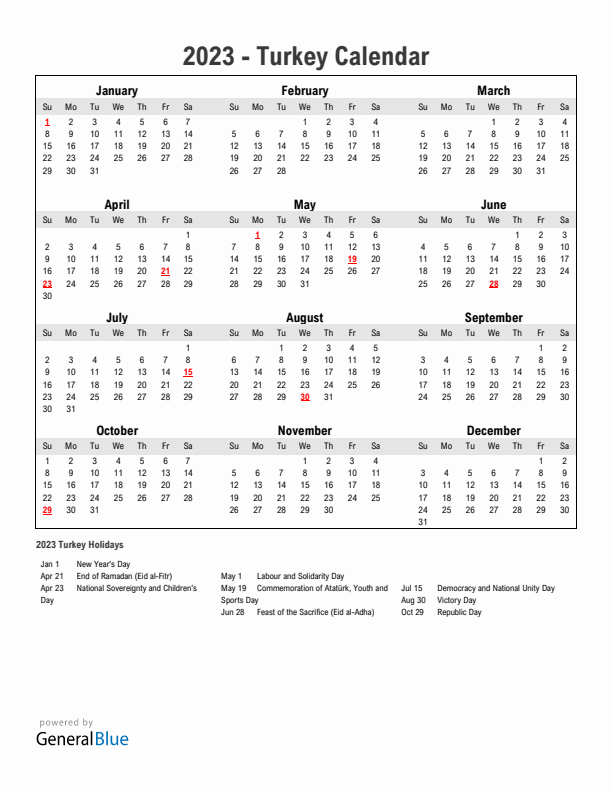 Year 2023 Simple Calendar With Holidays in Turkey