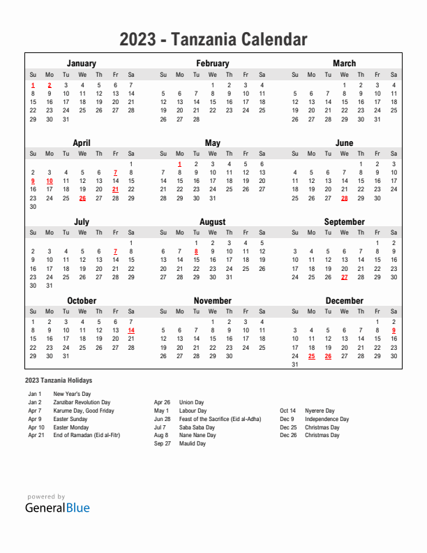 Year 2023 Simple Calendar With Holidays in Tanzania