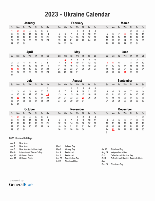 Year 2023 Simple Calendar With Holidays in Ukraine