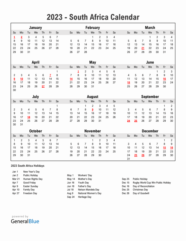 Year 2023 Simple Calendar With Holidays in South Africa