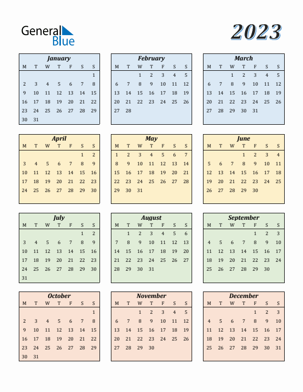 Calendar for 2023 (Monday Start)