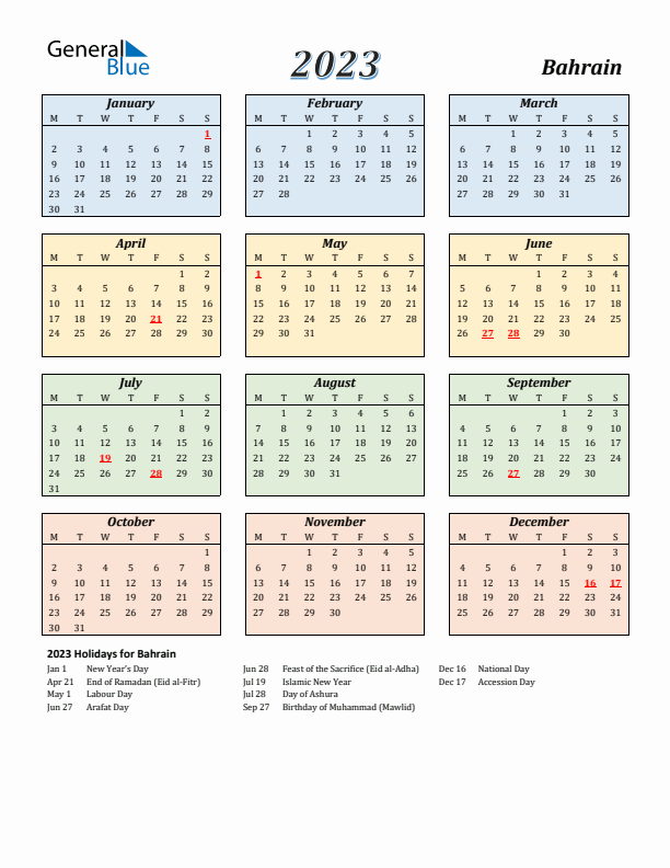 Bahrain Calendar 2023 with Monday Start