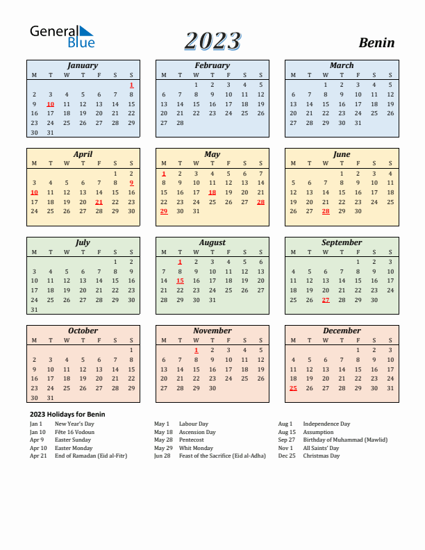 Benin Calendar 2023 with Monday Start