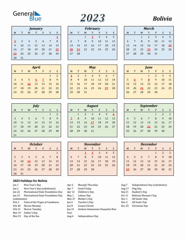 Bolivia Calendar 2023 with Monday Start