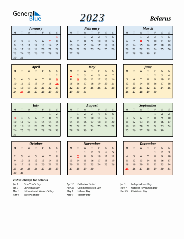 Belarus Calendar 2023 with Monday Start