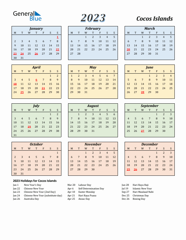 Cocos Islands Calendar 2023 with Monday Start