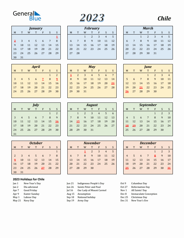 Chile Calendar 2023 with Monday Start